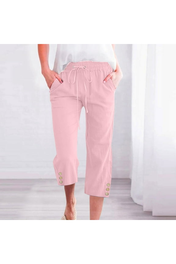 Summer Saving Wycnly on Sale Capri Pants for Women Womens Drawstring Elastic Waist Capris Pants Summer Casual Plus Size Button Straight Leg 3/4 Trousers Comfy Cotton Linen Pocket Cropped Pants