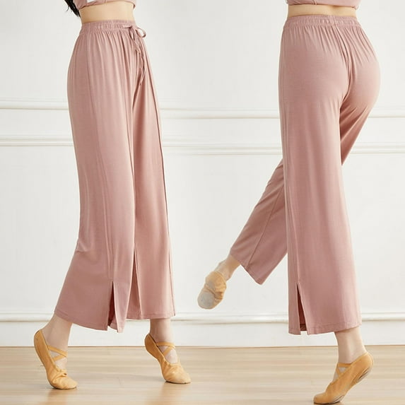 Summer Saving Wycnly on Sale Pants for Women Palazzo Pants for Women Casual Drawstring Elastic Waist Yoga Sports Cropped Pants Solid Loose Wide Leg Slit Trousers