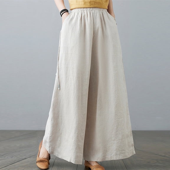 Wycnly on Sale Pants for Women Trousers for Women Fashion Drawstring Elastic Waist Loose Straight Leg Pants Vintage Cotton Linen Casual Ladies Long Pants with Pocket