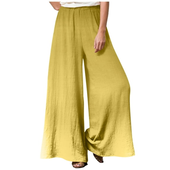 Summer Saving Wycnly on Sale Pants for Women Womens Casual Wide Leg Pants Vintage Linen Solid Elastic Waist Loose Palazzo Long Pants Plus Size Leisure Trousers