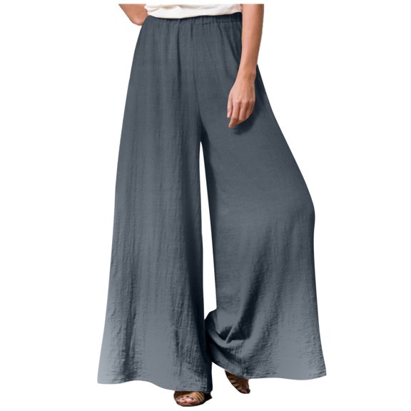 Summer Saving Wycnly on Sale Pants for Women Womens Casual Wide Leg Pants Vintage Linen Solid Elastic Waist Loose Palazzo Long Pants Plus Size Leisure Trousers