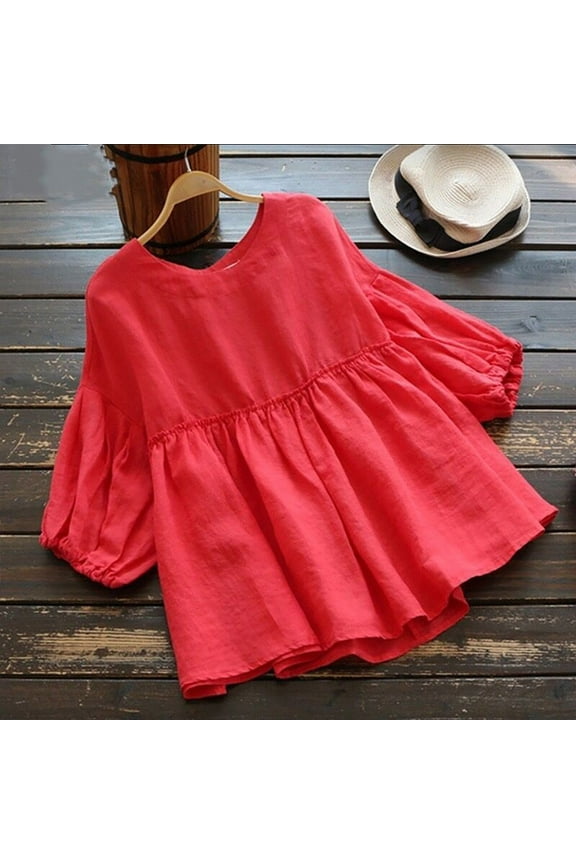 Summer Saving Wycnly Shirts for Women Casual Plus Size Cotton Linen Smocked Swing Tunic Tops Summer Casual Crewneck Elbow-Length Solid Ladies Blouses Red s