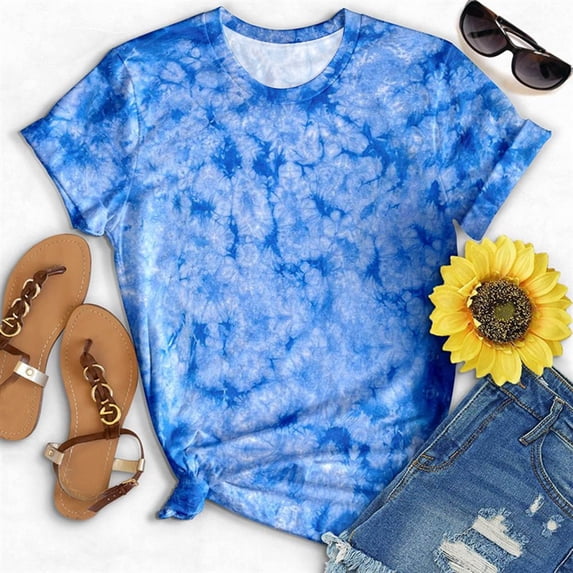 Summer Saving Wycnly Shirts for Women Fashion Lightweight Loose Fit Workout Tops Summer Casual Crewneck Short Sleeve Tie-Dye Print Ladies Blouses Light Blue s