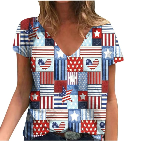 Summer Saving Wycnly Shirts for Women Short Sleeve V-Neck US Flag Print Summer Basic Tops 4th July Fashion Independence Day Graphics Loose Fit Pullover Blouses Dark Blue s