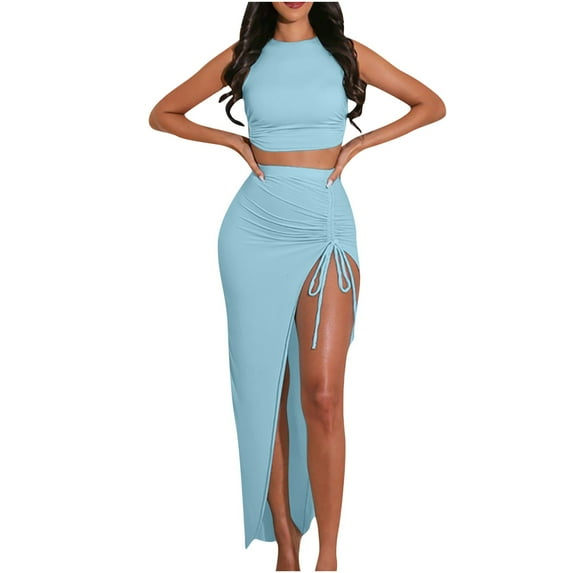Summer Saving Wycnly Summer Dresses for Women 2 Pieces Sexy Bodycon Slit Skirts Sets Drawstring Dresses 2024 Sleeveless Round Neck Solid Long Formal Dress Light Blue m