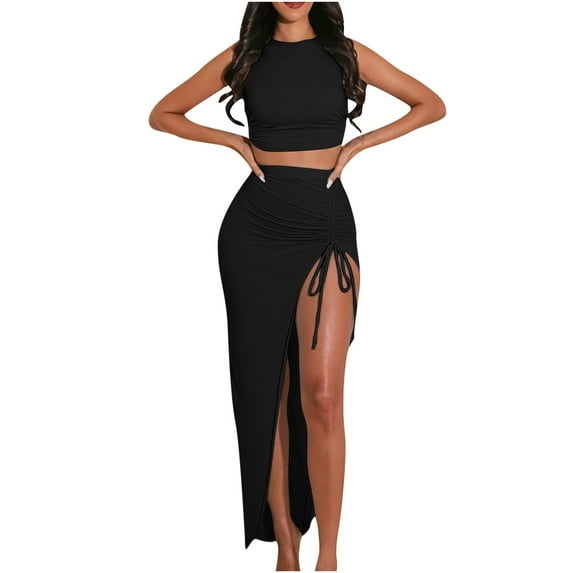 Summer Saving Wycnly Summer Dresses for Women 2 Pieces Sexy Bodycon Slit Skirts Sets Drawstring Dresses 2024 Sleeveless Round Neck Solid Long Formal Dress Black s