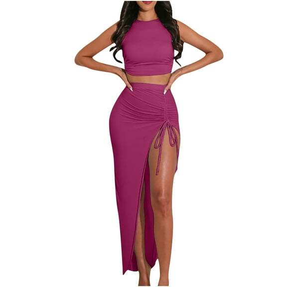 Summer Saving Wycnly Summer Dresses for Women 2 Pieces Sexy Bodycon Slit Skirts Sets Drawstring Dresses 2024 Sleeveless Round Neck Solid Long Formal Dress Hot Pink s
