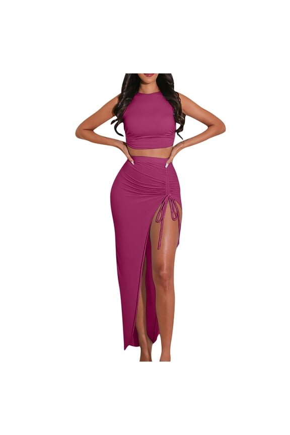 Summer Saving Wycnly Summer Dresses for Women 2 Pieces Sexy Bodycon Slit Skirts Sets Drawstring Dresses 2024 Sleeveless Round Neck Solid Long Formal Dress Hot Pink XL