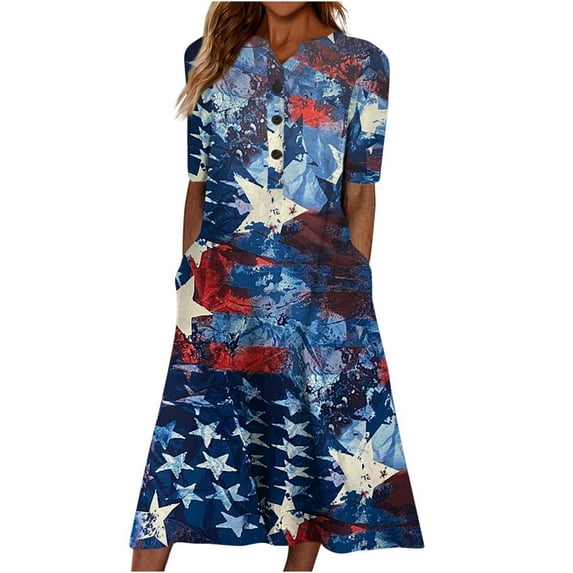 Summer Saving Wycnly Summer Dresses for Women 4th of July Fashion Button Pocket Swing Independence Day Tunic Maxi Dresses 2024 Short Sleeve V-Neck American Flag Print Long Formal Dress Navy l