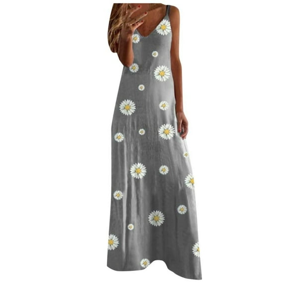 Summer Saving Wycnly Summer Dresses for Women Beach Bobo Loose Hem Spaghetti Strap Long Dresses Sleeveless V-Neck Daisy Print Maxi Sun Dress Gray XXL Clearance Clothes