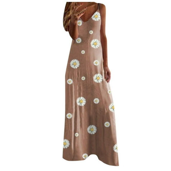 Summer Saving Wycnly Summer Dresses for Women Beach Bobo Loose Hem Spaghetti Strap Long Dresses Sleeveless V-Neck Daisy Print Maxi Sun Dress Khaki XL Clearance Clothes