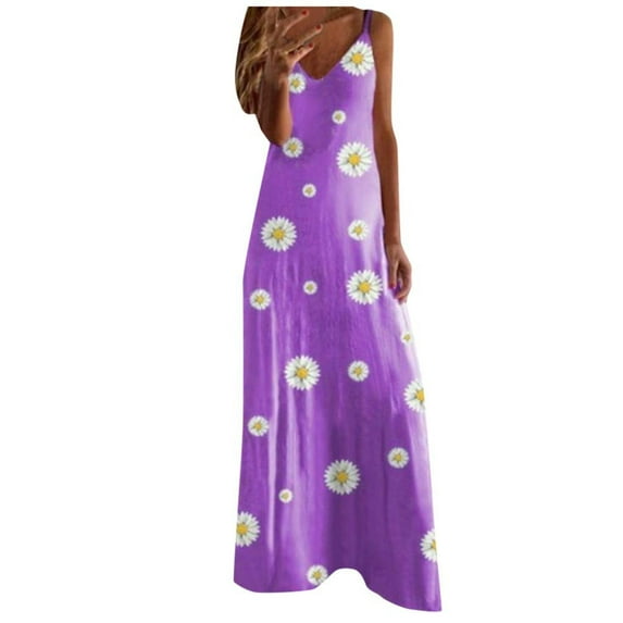 Summer Saving Wycnly Summer Dresses for Women Beach Bobo Loose Hem Spaghetti Strap Long Dresses Sleeveless V-Neck Daisy Print Maxi Sun Dress Purple L Clearance Clothes