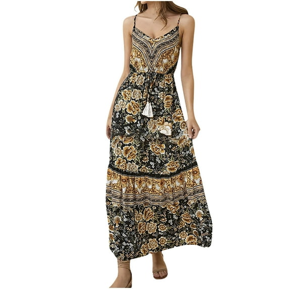 Summer Saving Wycnly Summer Dresses for Women Beach Bohemian Vintage Tie Waist Spaghetti Strap Long Sundresses 2024 Sleeveless V-Neck Floral Print Maxi Formal Dress Black l
