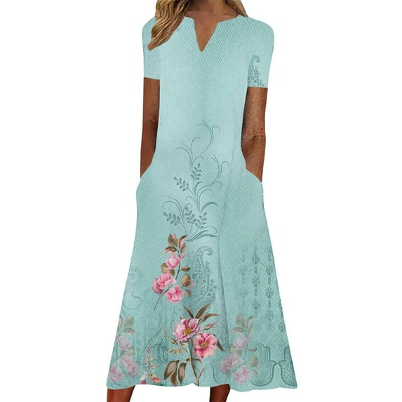 Summer Saving Wycnly Summer Dresses for Women Beach Boho Fashion Pocket Plus Size Swing Tunic Long Sundresses 2024 Short Sleeve V-Neck Floral Print Maxi Formal Dress Light Blue m