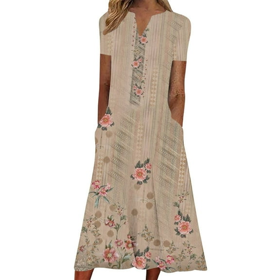Summer Saving Wycnly Summer Dresses for Women Beach Boho Fashion Pocket Plus Size Swing Tunic Long Sundresses 2024 Short Sleeve V-Neck Floral Print Maxi Formal Dress Khaki XXXL