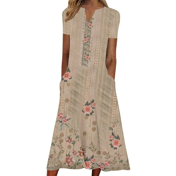 Summer Saving Wycnly Summer Dresses for Women Beach Boho Fashion Pocket Plus Size Swing Tunic Long Sundresses 2024 Short Sleeve V-Neck Floral Print Maxi Formal Dress Khaki s
