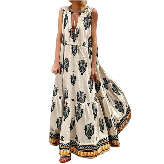 Summer Saving Wycnly Summer Dresses for Women Beach Boho Loose Big Swing Strappy Vintage Graphics Long Dresses 2024 Sleeveless V-Neck Western Print Maxi Formal Dress White l