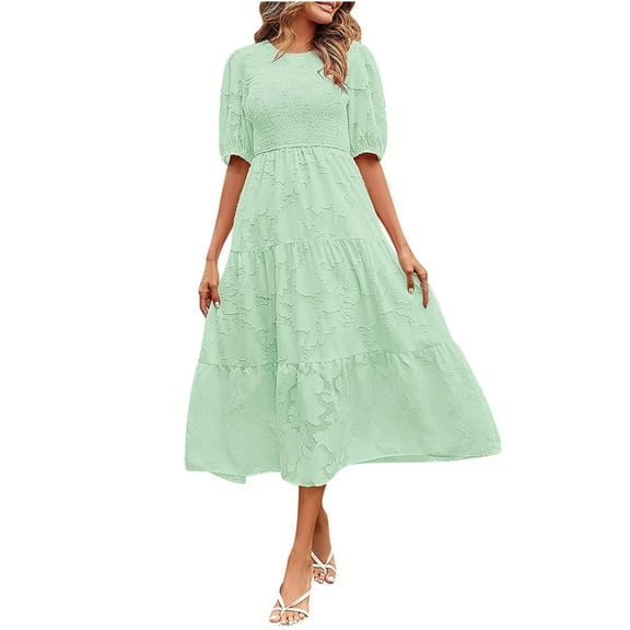 Wycnly Summer Dresses for Women Beach Casual Elastic Waist Flowy Ruffle Swing Chiffon Long Dresses 2025 Short Sleeve Round Neck Plain Maxi Formal Dress Mint Green m
