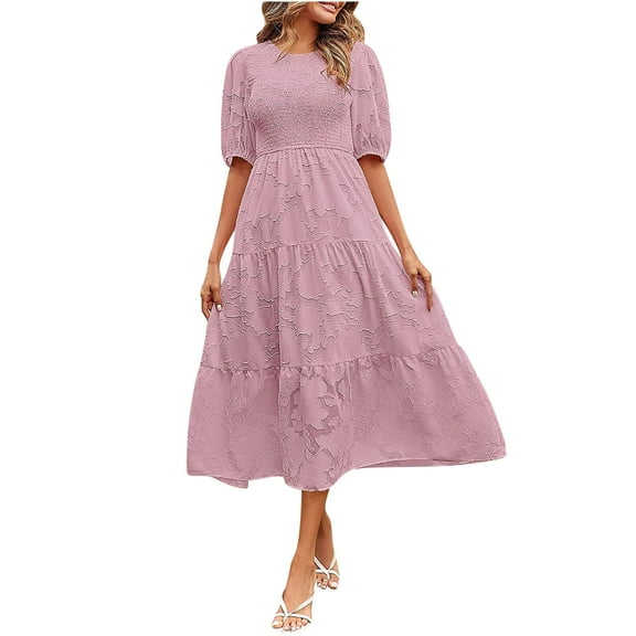 Wycnly Summer Dresses for Women Beach Casual Elastic Waist Flowy Ruffle Swing Chiffon Long Dresses 2025 Short Sleeve Round Neck Plain Maxi Formal Dress Purple l
