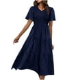 thumbnail image 1 of Summer Saving Wycnly Summer Dresses for Women Beach Casual Elastic Waist Flowy Ruffle Swing A Line Long Sundress 2024 Short Sleeve V-Neck Solid Maxi Formal Dress Navy s, 1 of 5