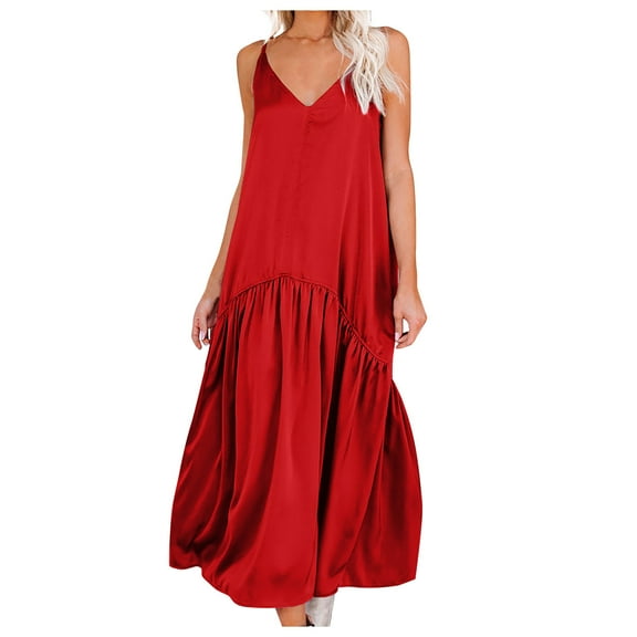 Summer Saving Wycnly Summer Dresses for Women Beach Casual Loose Pleated Swing Spaghetti Strap Long Sundress 2024 Sleeveless V-Neck Solid Maxi Formal Dress Red m