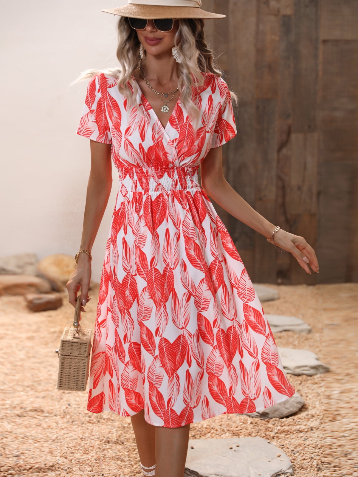 Wycnly Summer Sundresses for Women, Beach Empire Waist, Flowy Midi, V-Neck  Leaves Print, Casual Orange Dress