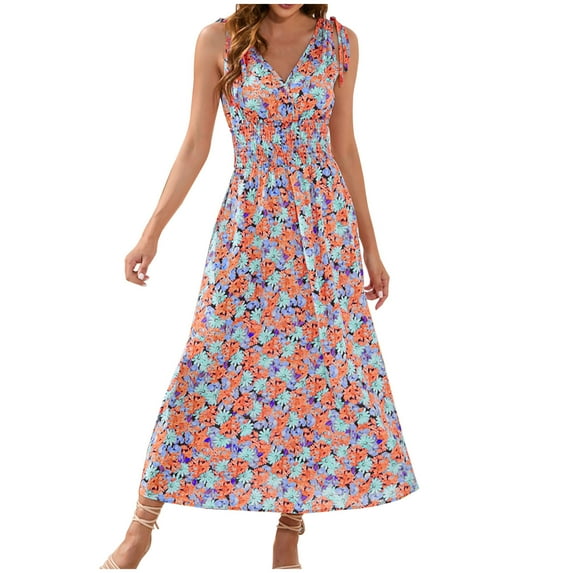 Summer Saving Wycnly Summer Dresses for Women Beach Fashion Elastic Waist A Line Tank Sundress 2024 Sleeveless V-Neck Floral Print Long Formal Dress Black m