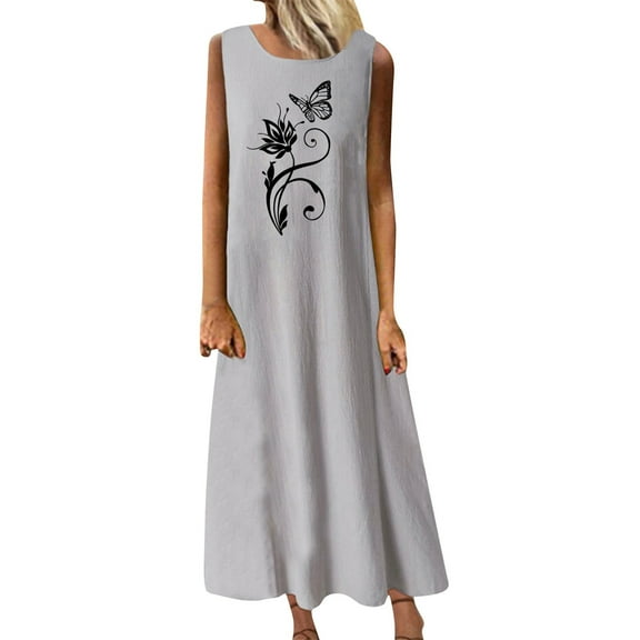 Wycnly Summer Dresses for Women Beach Fashion Loose Swing Breathable Cotton Linen Tank Long Dresses 2025 Sleeveless Round Neck Butterfly Print Maxi Formal Dress Gray XXL