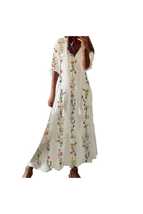Summer Saving Wycnly Summer Dresses for Women Beach Fashion Loose Swing Tie A Line Maxi Sundresses 2024 Elbow-Length V-Neck Floral Print Long Formal Dress White s