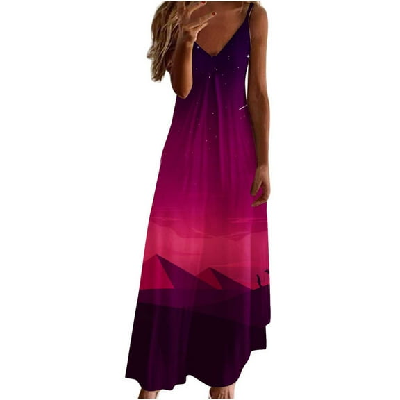Wycnly Summer Dresses for Women Beach Hawaiian Style Loose Swing Spaghetti Strap Maxi Dresses 2025 Short Sleeve V-Neck Sunset Print Long Formal Dress Hot Pink s