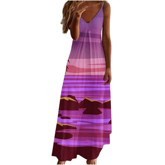 Wycnly Summer Dresses for Women Beach Hawaiian Style Loose Swing Spaghetti Strap Maxi Dresses 2025 Short Sleeve V-Neck Sunset Print Long Formal Dress Pink l