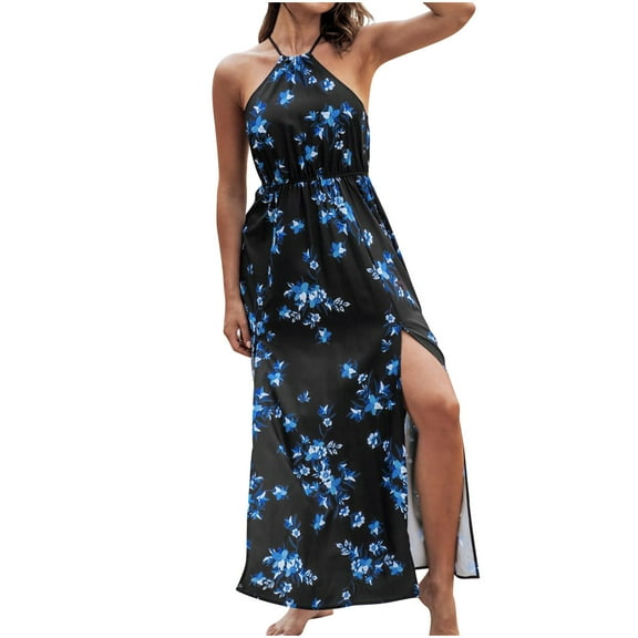 Wycnly Summer Dresses for Women Beach Holiday Fashion Elastic Waist Slit Strap Maxi Sundress 2025 Sleeveless Halter Flowers Print Long Formal Dress Blue l
