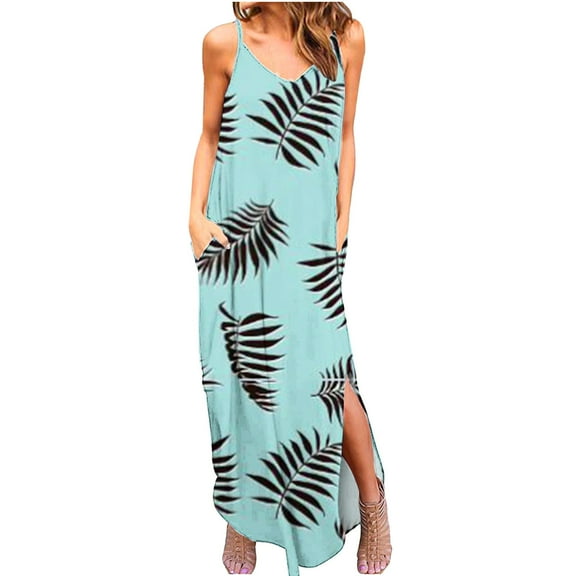 Summer Saving Wycnly Summer Dresses for Women Beach Loose Pocket Slit Boho Spaghetti Strap Long Dresses Sleeveless V-Neck Leaves Print Maxi Sun Dress Mint Green L Clothes
