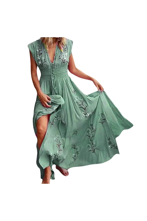 Summer Saving Wycnly Summer Dresses for Women Beach Vintage Bohemian Empire Waist Swing Long Dresses with Tie 2024 Short Sleeve V-Neck Floral Print Maxi Formal Dress Green XXL