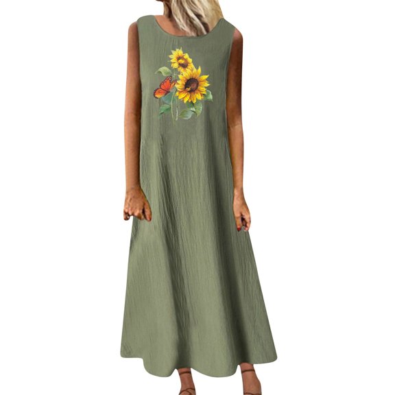 Wycnly Summer Dresses for Women Beach Vintage Cotton Linen Plus Size Swing Tank Maxi Dresses 2025 Sleeveless Crewneck Sunflower Print Long Formal Dress Army Green s