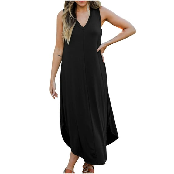 Summer Saving Wycnly Summer Dresses for Women Casual Loose Irregular Plus Size Tank Dresses Sleeveless V-Neck Solid Maxi Sun Dress Black L Up to 65% off