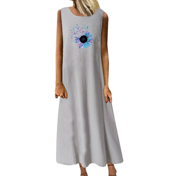 Summer Saving Wycnly Summer Dresses for Women Casual Plus Size Swing Cotton Linen Tank Maxi Dresses 2024 Sleeveless Round Neck Sunflower Print Long Formal Dress Gray m