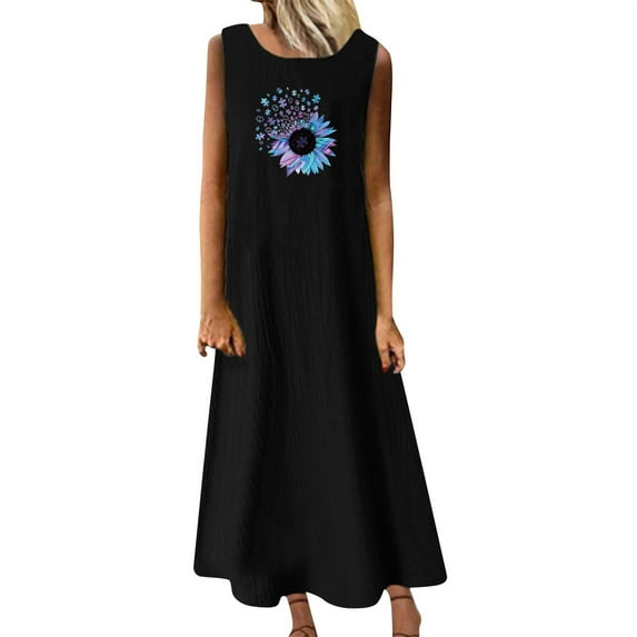 Summer Saving Wycnly Summer Dresses for Women Casual Plus Size Swing Cotton Linen Tank Maxi Dresses 2024 Sleeveless Round Neck Sunflower Print Long Formal Dress Black l