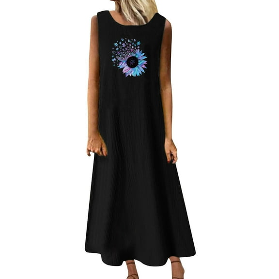 Summer Saving Wycnly Summer Dresses for Women Casual Plus Size Swing Cotton Linen Tank Maxi Dresses 2024 Sleeveless Round Neck Sunflower Print Long Formal Dress Black XXL
