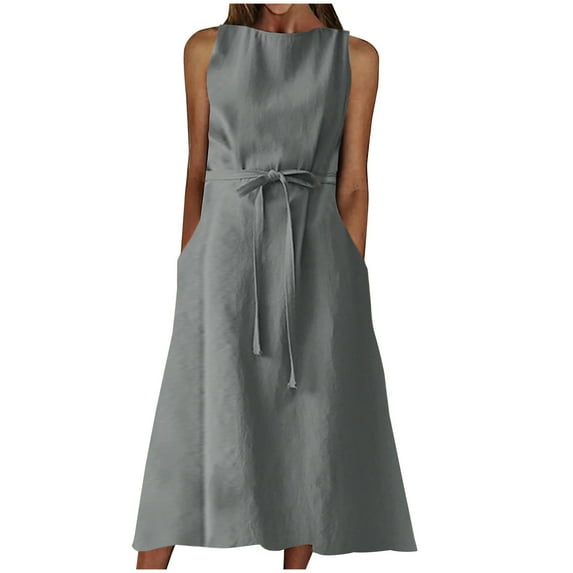 Summer Saving Wycnly Summer Dresses for Women Casual Pocket Solid Plus Size Cotton Linen Tank Dresses with Belt 2024 Sleeveless Round Neck Plain Maxi Formal Dress Gray XXL
