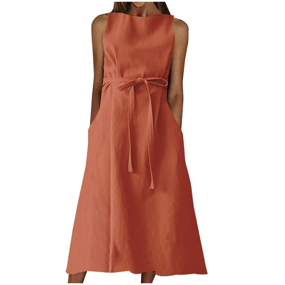 Summer Saving Wycnly Summer Dresses for Women Casual Pocket Solid Plus Size Cotton Linen Tank Dresses with Belt 2024 Sleeveless Round Neck Plain Maxi Formal Dress Orange l