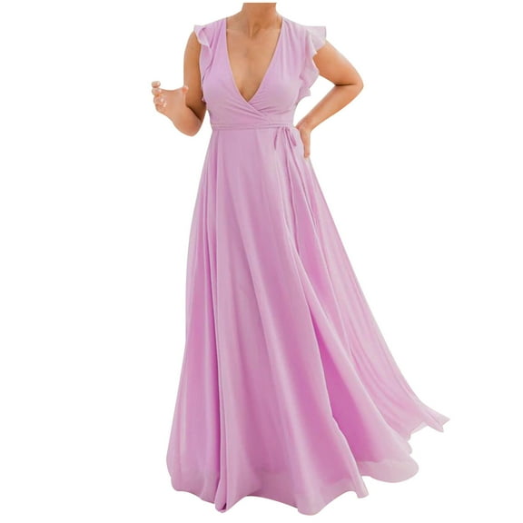 Wycnly Summer Dresses for Women Casual Ruffle Sleeve Empire Waist Wedding Guest A Line Maxi Dresses 2025 Sleeveless V-Neck Solid Long Formal Dress Purple XL