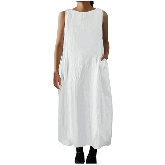 Wycnly Summer Dresses for Women Casual Solid Cotton Linen Plus Size Loose Pocket Tank Dresses 2025 Sleeveless Crewneck Plain Long Formal Dress White l