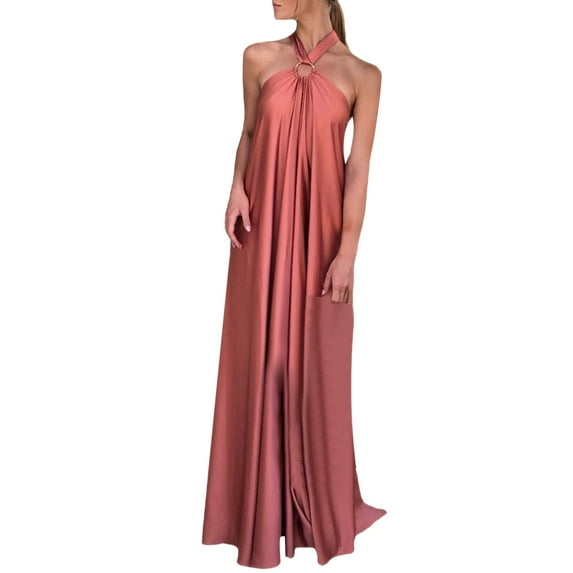 Summer Saving Wycnly Summer Dresses for Women Cocktail Party Prom Sexy off Shoulder Keyhole Loose Satin Long Dresses 2024 Sleeveless Halter Solid Maxi Formal Dress Red m