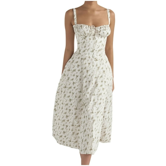 Summer Saving Wycnly Summer Dresses for Women Cute Empire Waist Swing Strap Party Long Dresses with Tie 2024 Sleeveless Square Neck Floral Print Maxi Formal Dress Green m