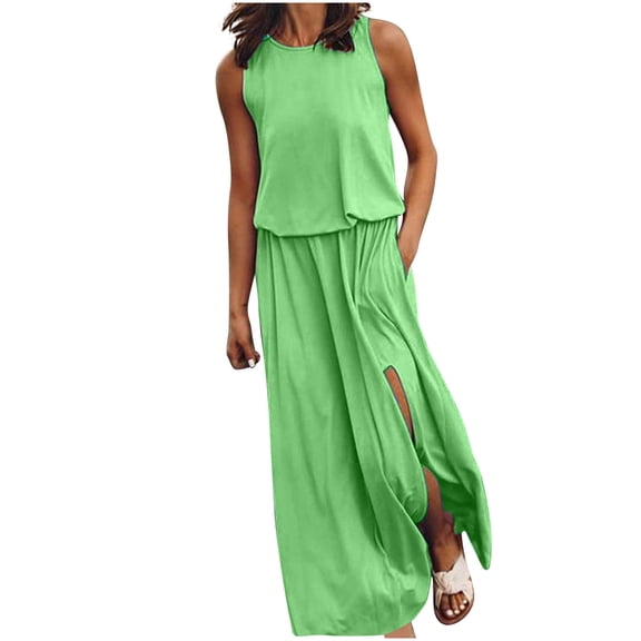 Summer Saving Wycnly Summer Dresses for Women Elastic Waist Plus Size Slit Pocket Tank Long Dresses Sleeveless Round Neck Solid Maxi Sun Dress Green XXL Up to 65% off