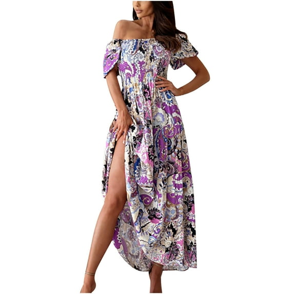 Summer Saving Wycnly Summer Dresses for Women Elastic Waist Vintage Graphics Pleated Swing off Shoulder Long Dresses 2024 Short Sleeve Square Neck Floral Print Maxi Formal Dress Purple XL