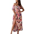 thumbnail image 1 of Summer Saving Wycnly Summer Dresses for Women Elastic Waist Vintage Graphics Pleated Swing off Shoulder Long Dresses 2024 Short Sleeve Square Neck Floral Print Maxi Formal Dress Red m, 1 of 5