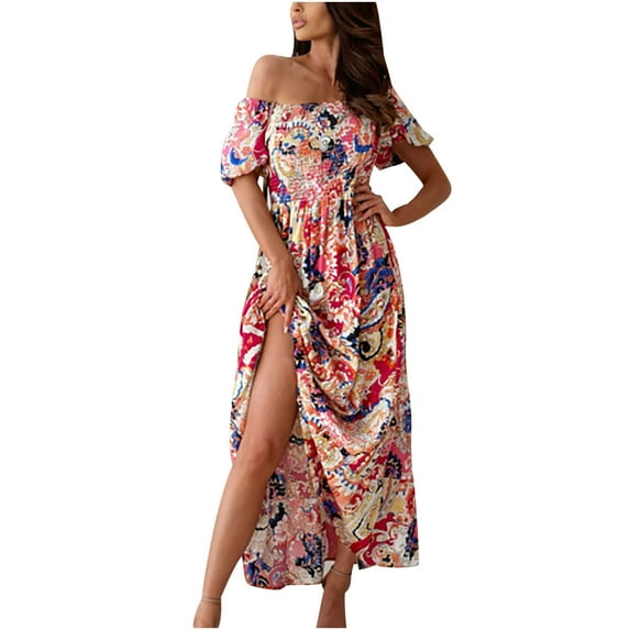 Summer Saving Wycnly Summer Dresses for Women Elastic Waist Vintage Graphics Pleated Swing off Shoulder Long Dresses 2024 Short Sleeve Square Neck Floral Print Maxi Formal Dress Red m