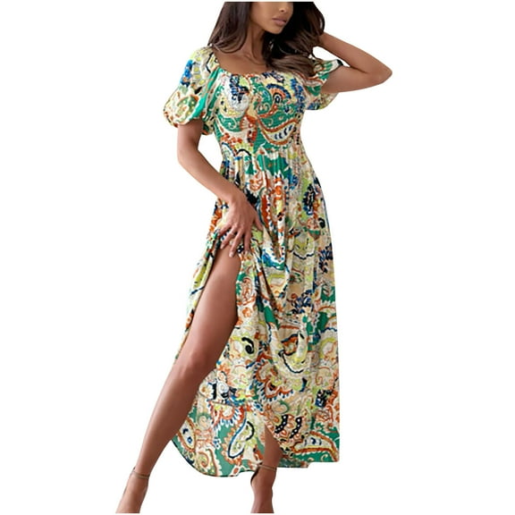 Summer Saving Wycnly Summer Dresses for Women Elastic Waist Vintage Graphics Pleated Swing off Shoulder Long Dresses 2024 Short Sleeve Square Neck Floral Print Maxi Formal Dress Green m